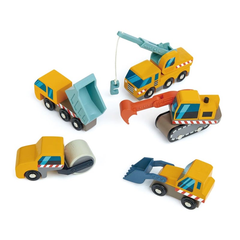 Tender Leaf Toys - Construction Site - Four Heavy Vehicles with Crane Truck, Road Roller, Dump Truck and Front Loader - Build Your Own Construction Site and Develops Fine Motor Skills for Children 3+ - Image 2
